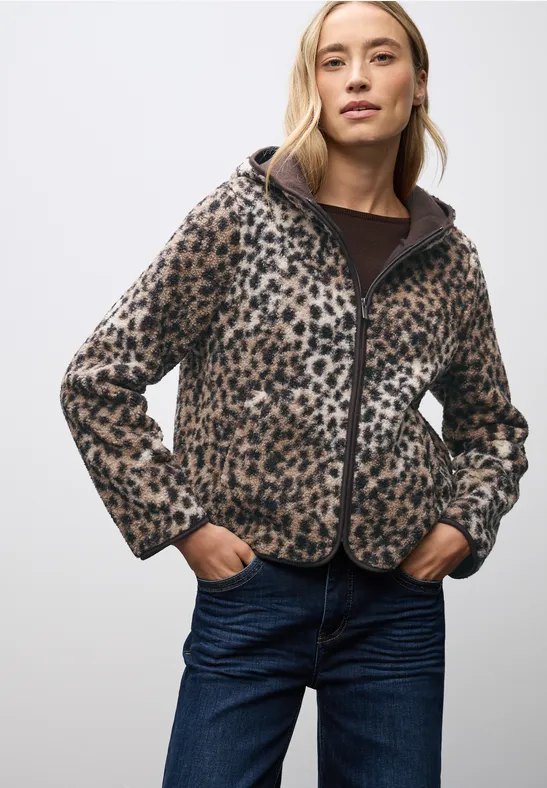 Teddy-Jacke mit Leo-Muster sanded beige