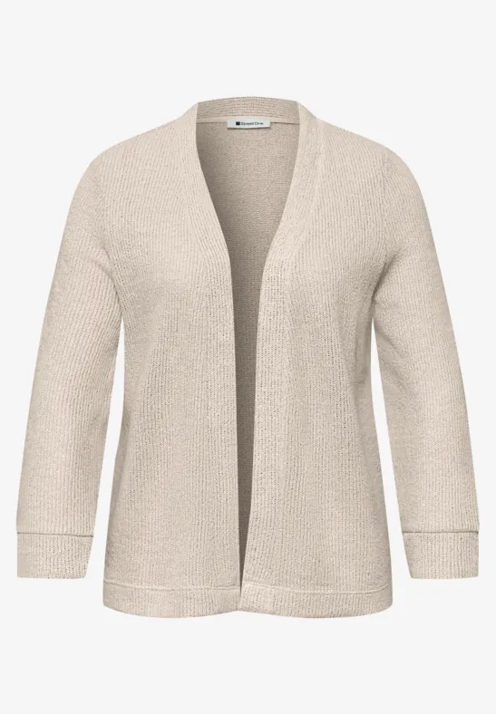 Beige, open gebreid vest met driekwartmouwen en een losse pasvorm.