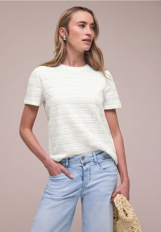 Kurzarm Shirt mit Rundhals aus Spitze off white