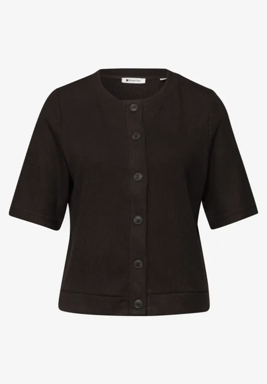 Veste courte noire à manches courtes pour femme, fermeture à boutons, encolure ronde.