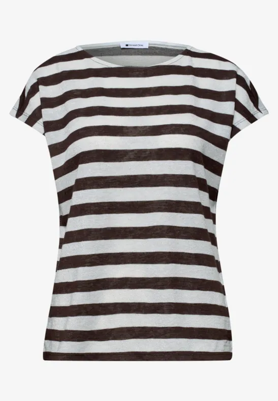 T-shirt à manches courtes pour femme, rayures marron et blanches, col rond.