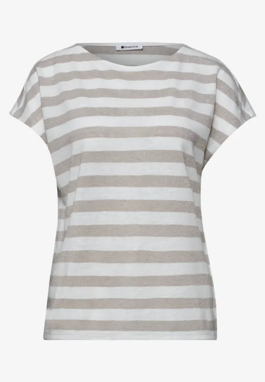 Dames T-shirt met beige-witte strepen, korte mouwen en ronde hals.