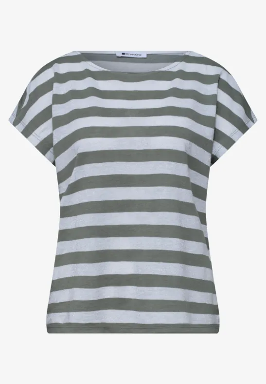 Losvallend T-shirt met korte vleermuismouwen en olijfgroen-witte strepen.