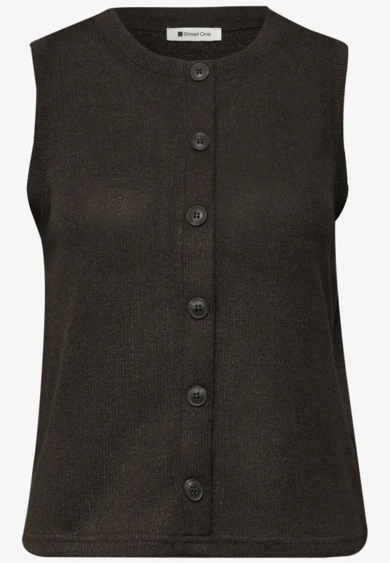 Ärmellose dunkelbraune Strickweste mit Rundhalsausschnitt und durchgehender Knopfleiste.