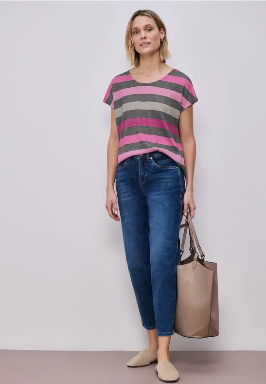 T-shirt à col en V arrondi et à rayures espresso brown