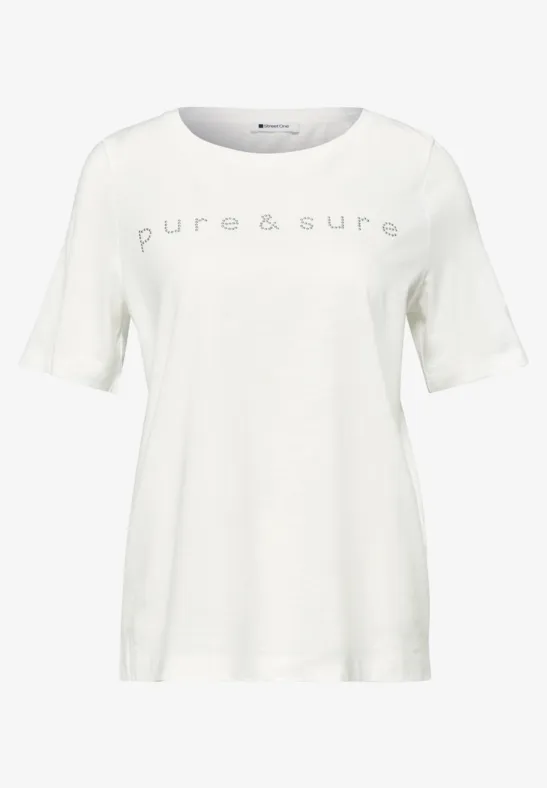 Witte T-shirt met ronde hals, korte mouwen en opdruk 'pure & sure'.