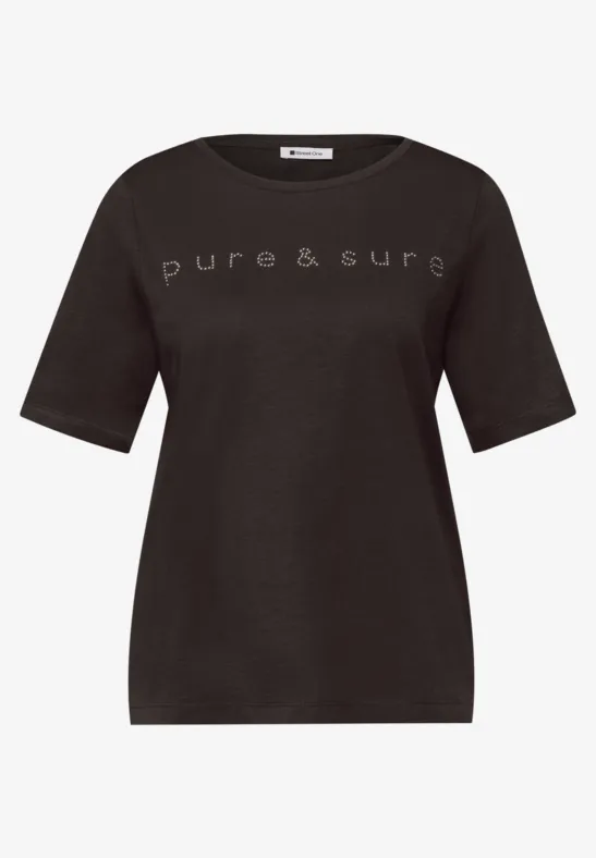 Czarny t-shirt z krótkim krojem i białym napisem „pure & sure” na przodzie.