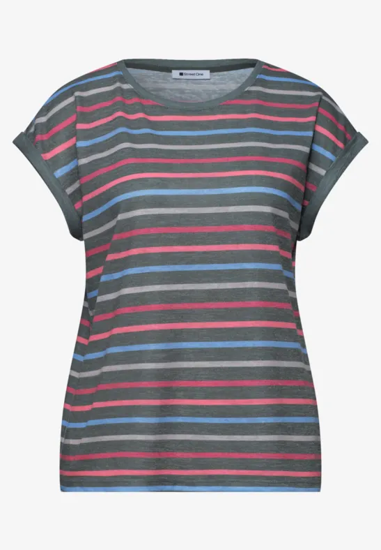 Grijs dames-T-shirt met kleurrijke horizontale strepen (roze, wit, blauw, groen), ronde hals en halflange mouwen.