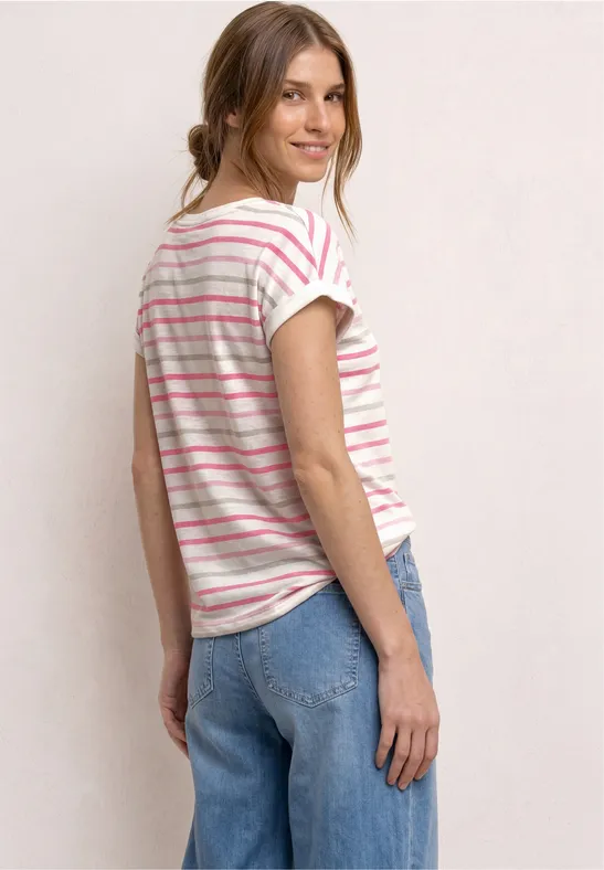 Frau steht seitlich, trägt gestreiftes T-Shirt und blaue Jeans vor neutralem Hintergrund.