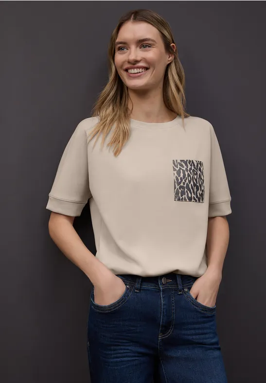 T-shirt avec poche poitrine léopard cotton beige