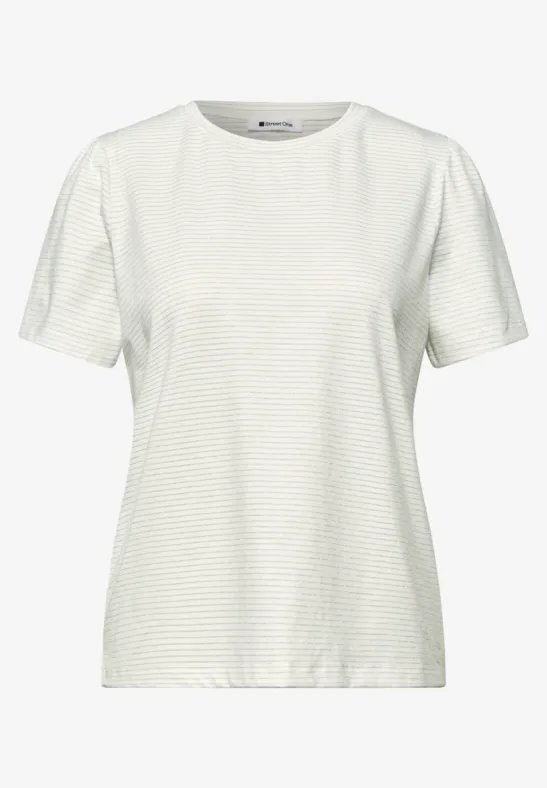 Witte T-shirt met korte mouwen, ronde hals en subtiele streepjes