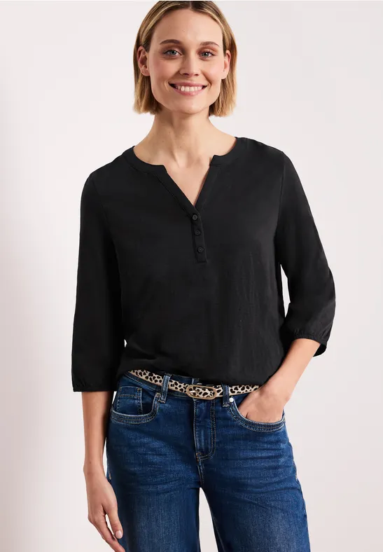 3/4-Arm Shirt mit Split Neck und Knöpfen Black