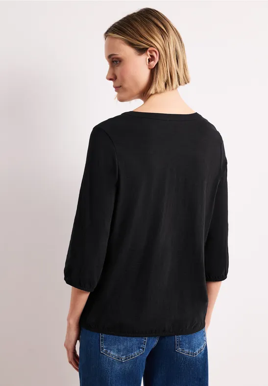 3/4-Arm Shirt mit Split Neck und Knöpfen Black