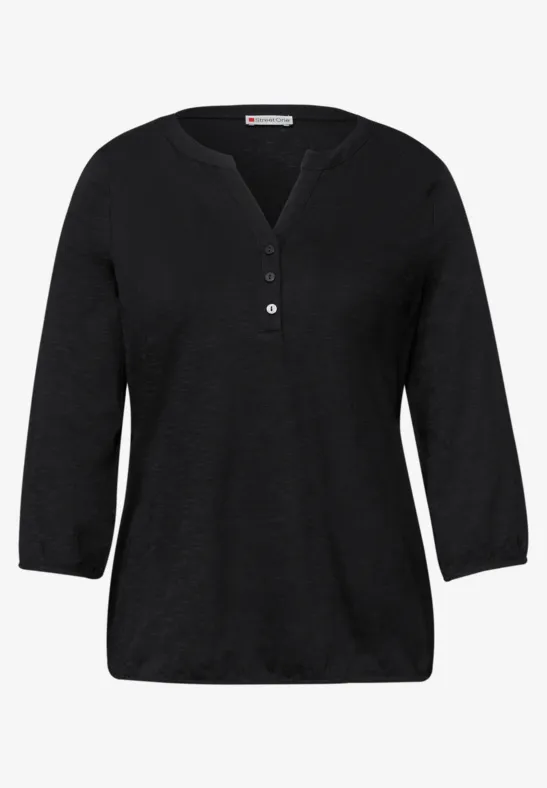 3/4-Arm Shirt mit Split Neck und Knöpfen Black