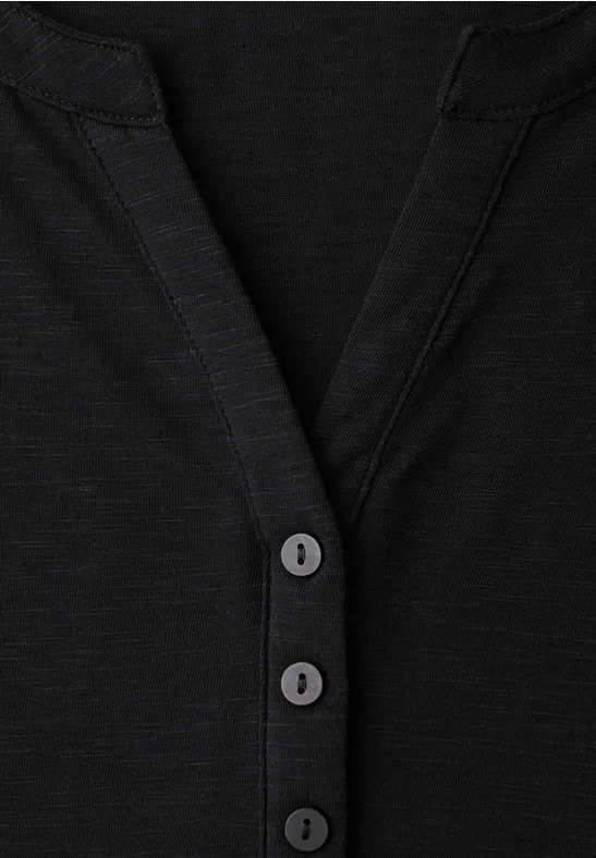 3/4-Arm Shirt mit Split Neck und Knöpfen Black