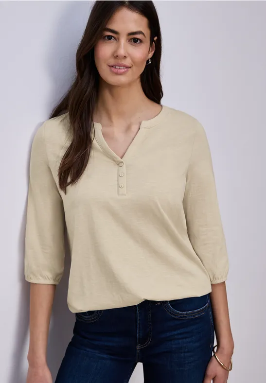 Shirt met 3/4-mouwen, split neck en knopen cotton beige
