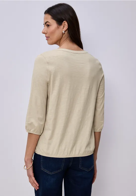 Shirt met 3/4-mouwen, split neck en knopen cotton beige