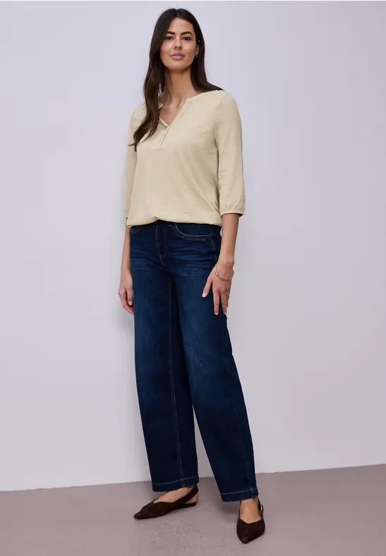 Shirt met 3/4-mouwen, split neck en knopen cotton beige