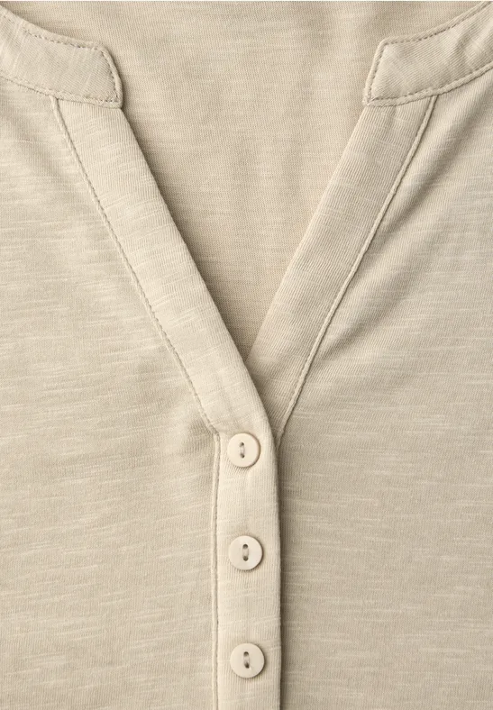 Shirt met 3/4-mouwen, split neck en knopen cotton beige