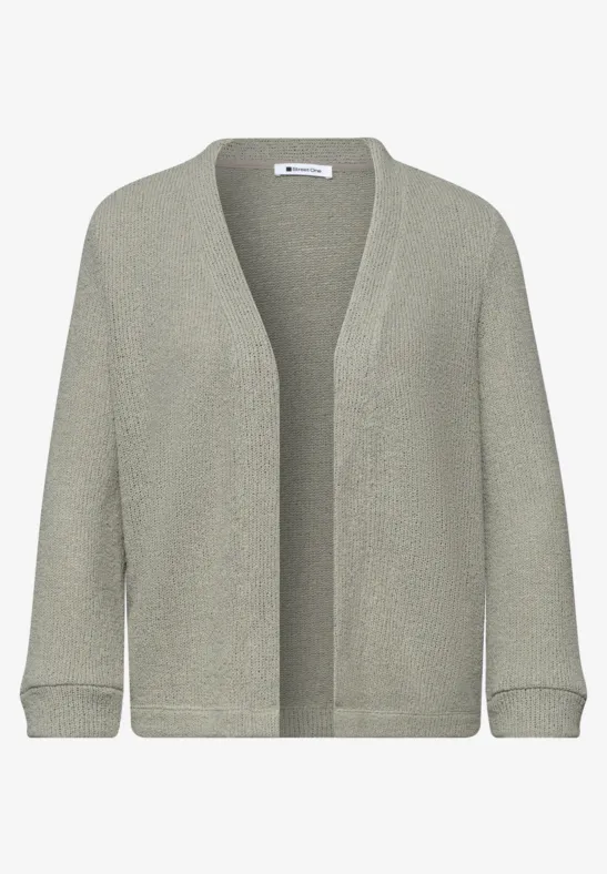 Cardigan en maille ample gris-vert clair, sans fermeture, avec manches longues retroussées.