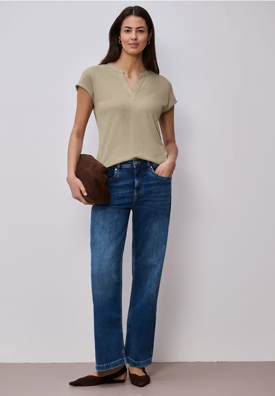 Shirt mit Split Neck im Strick-Look timeless beige