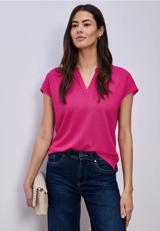 Shirt mit Split Neck im Strick-Look magenta dream