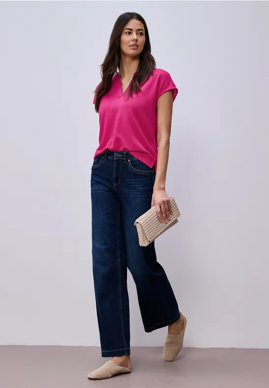 Shirt mit Split Neck im Strick-Look magenta dream