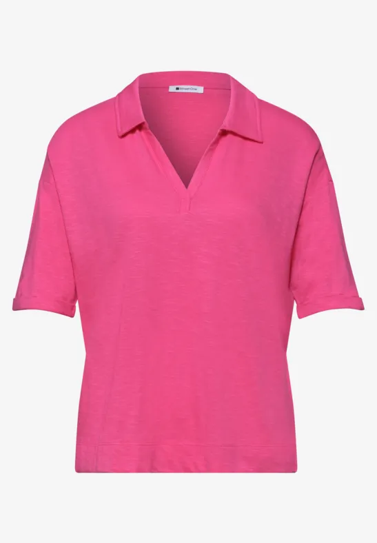Felroze poloshirt met V-hals en korte mouwen
