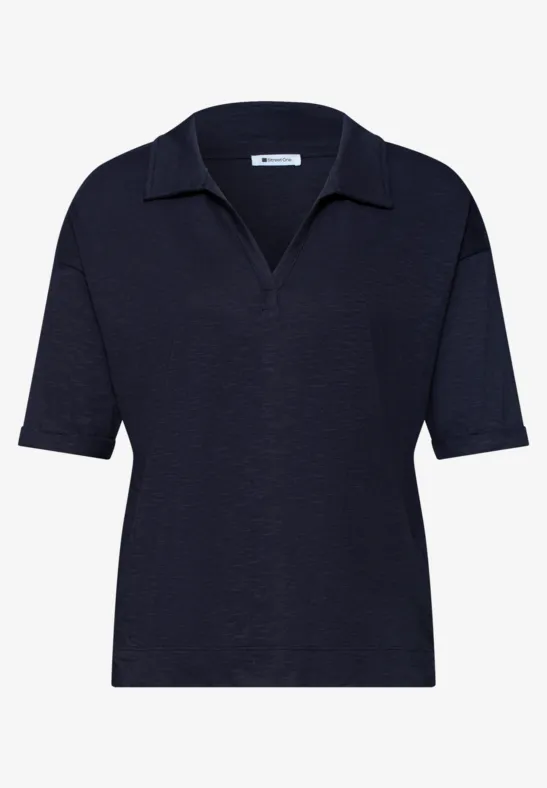Effen donkerblauw poloshirt met korte mouwen, V-hals en kraag.