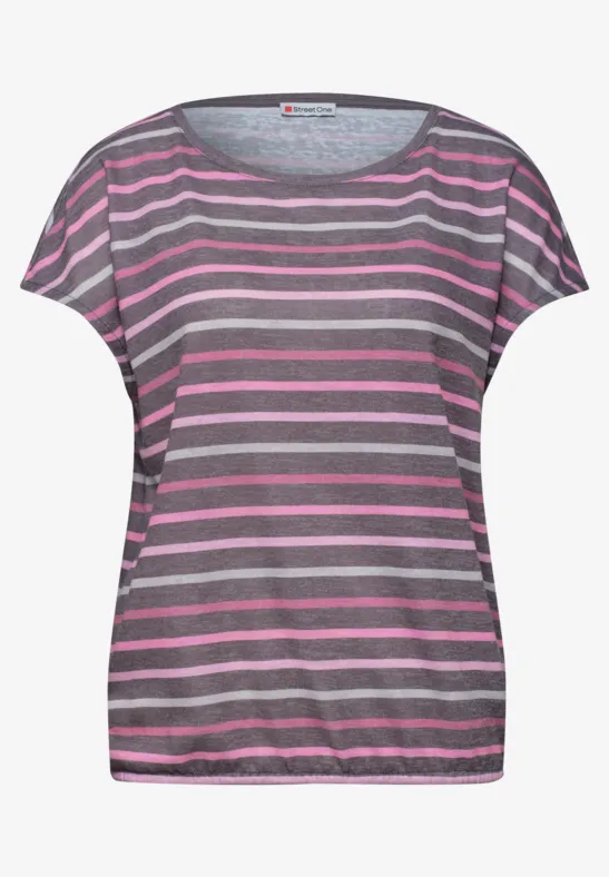 Kurzes Damen-T-Shirt mit grauen und rosa Querstreifen.