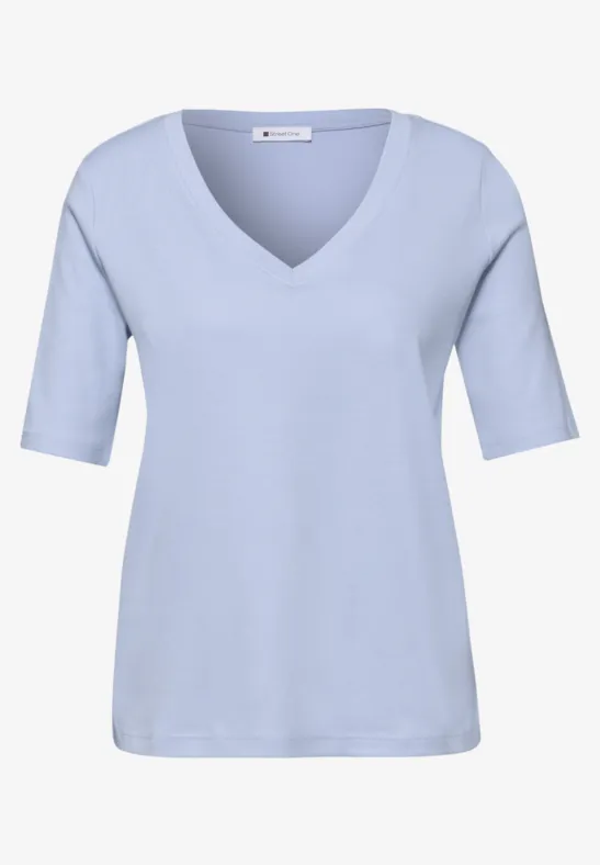 Basic T-Shirt mit V-Neck in Unifarbe cashmere blue