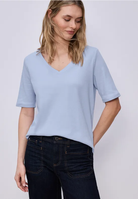Basic T-Shirt mit V-Neck in Unifarbe cashmere blue