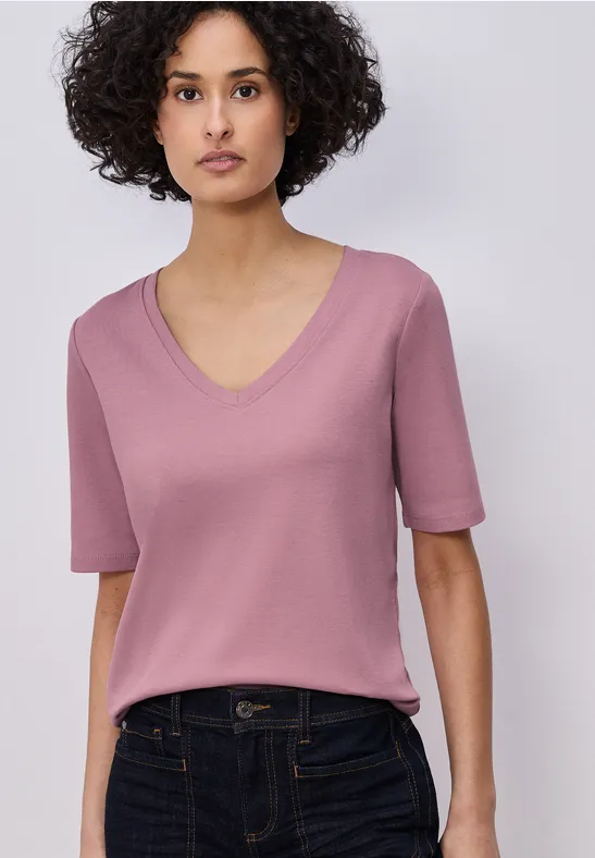 Basic T-Shirt mit V-Neck in Unifarbe clouded blush