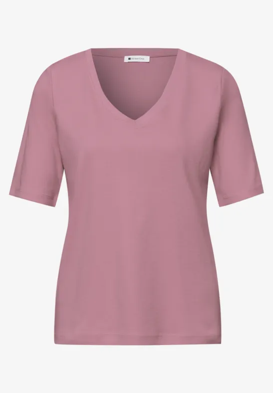 Basic T-Shirt mit V-Neck in Unifarbe clouded blush