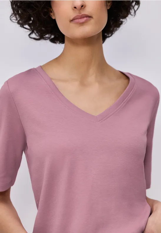 Basic T-Shirt mit V-Neck in Unifarbe clouded blush