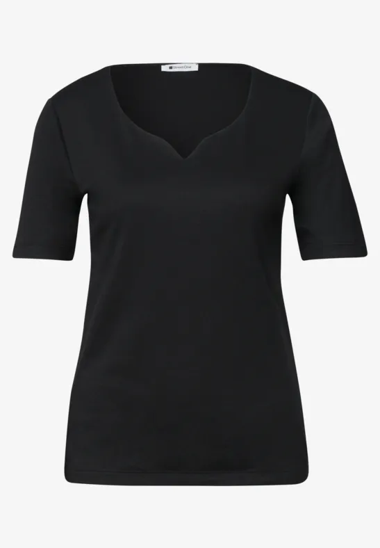 Schwarzes T-Shirt mit V-Ausschnitt und kurzen Ärmeln