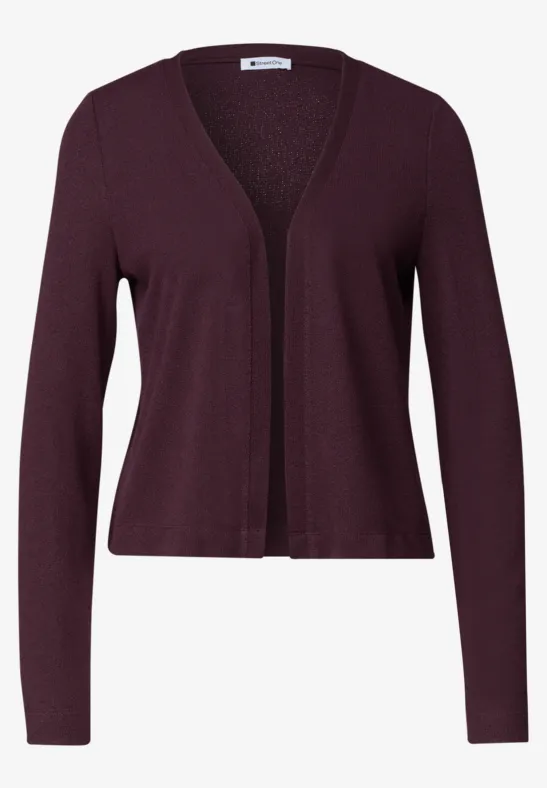Damen-Strickjacke in Dunkelrot, langärmelig, offen, V-Ausschnitt, eleganter Schnitt.
