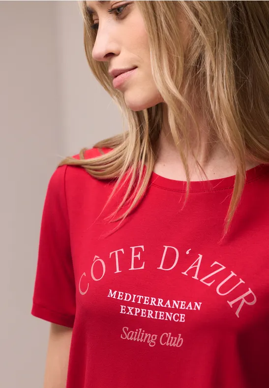 T-Shirt mit Rundhals und Wording salsa red