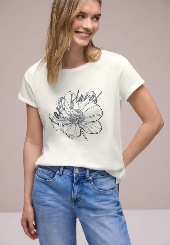 Shirt met korte mouwen en bloemen Artwork off white