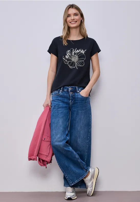 Shirt met korte mouwen en bloemen Artwork shadowed navy