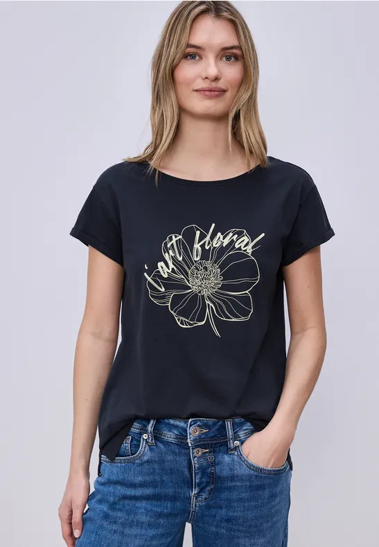 Shirt met korte mouwen en bloemen Artwork shadowed navy