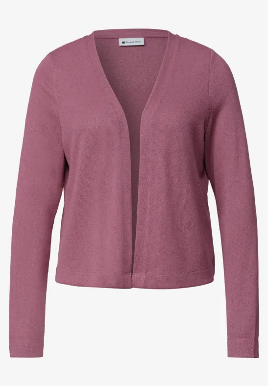Cardigan court en maille rose-lilas, coupe ouverte, manches longues