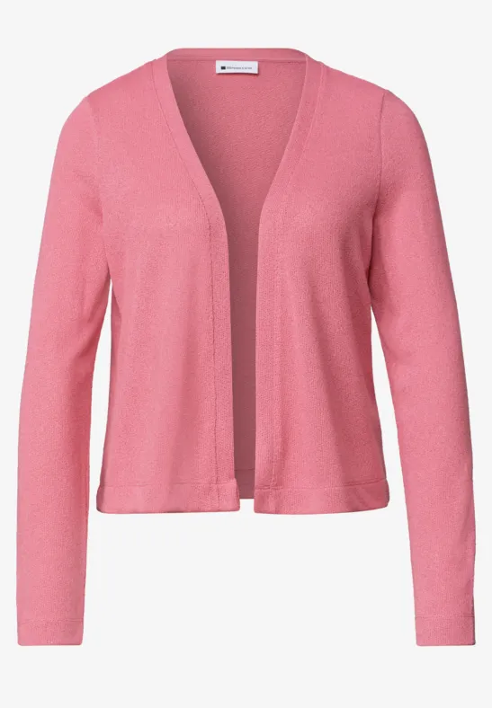 Cardigan rose pour femme, coupe ouverte, manches longues et style épuré.
