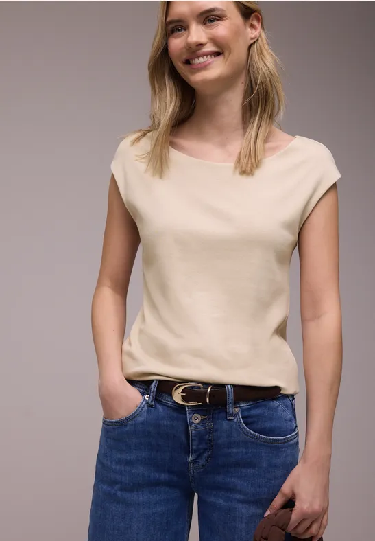 Basic Shirt mit U-Boot-Ausschnitt cotton beige