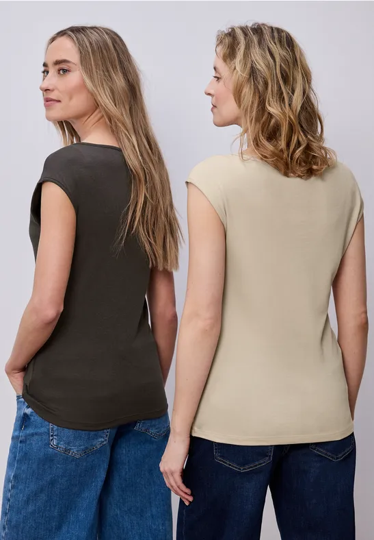 Basic Shirt mit Boatneck im 2er-Pack cotton beige/espresso brown