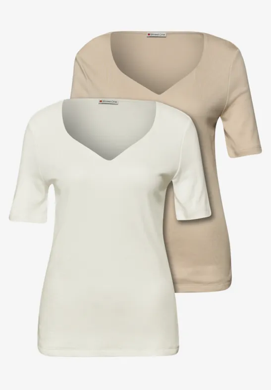 T-Shirts mit Herzausschnitt im 2er-Pack off white/cotton beige