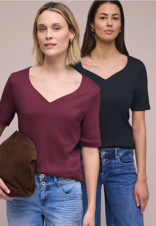 T-Shirts mit Herzausschnitt im 2er-Pack shadowed navy/truffle red