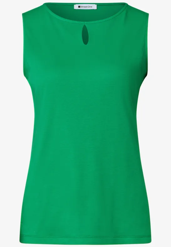 Groen dames mouwloos topje met ronde hals en klein druppel-detail voor