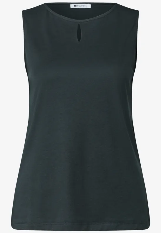 Ärmelloses schwarzes Top mit rundem Ausschnitt und kleinem Schlitz vorn.