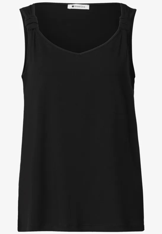 Schlichtes schwarzes ärmelloses Damen-Top mit Rundhalsausschnitt und breiten Trägern.
